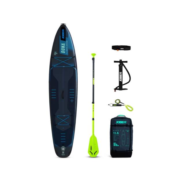 Tavola da SUP Jobe Aero Duna 11.6 colore Blue con pagaia, zaino, pompa e accessori inclusi.