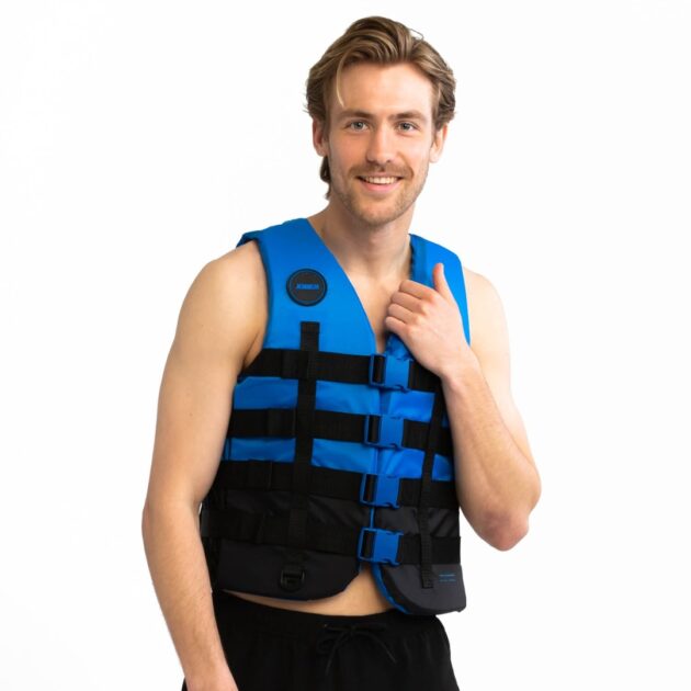 Gilet a 4 fibbie Jobe unisex colore Blue in nylon Ripstop con fibbie YKK, pannelli PVC/EPE, anello a D e sistema drenaggio acqua, indossato per attività acquatiche sportive