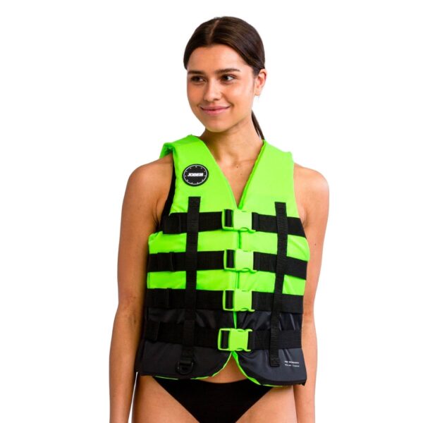 Gilet a 4 fibbie Jobe unisex colore Lime realizzato in nylon resistente con fibbie YKK regolabili e sistema di drenaggio acqua, indossato per attività acquatiche con sicurezza e comfort