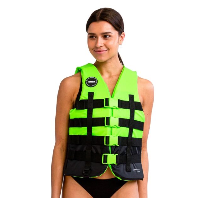 Gilet a 4 fibbie Jobe unisex colore Lime realizzato in nylon resistente con fibbie YKK regolabili e sistema di drenaggio acqua, indossato per attività acquatiche con sicurezza e comfort