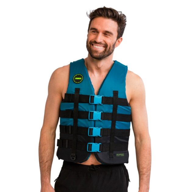 Gilet a 4 fibbie Jobe unisex colore Teal realizzato in nylon resistente con pannelli schiuma PVC ed EPE, fibbie YKK regolabili e anello a D, ideale per sport acquatici