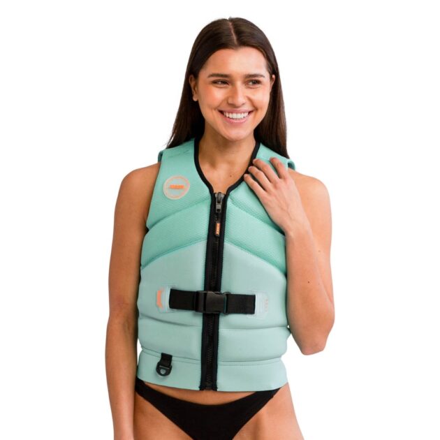 Donna che indossa il giubbotto salvagente Jobe Unify colore Vintage teal in neoprene, con dettagli tecnici e vestibilità ergonomica, pronta per sport acquatici.