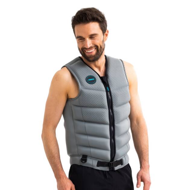 Giubbotto salvagente Jobe Fragment uomo colore Grey in neoprene calcareo con schiuma di PVC, cerniera frontale YKK, D-ring di sicurezza e vestibilità lunga, ideale per sport acquatici