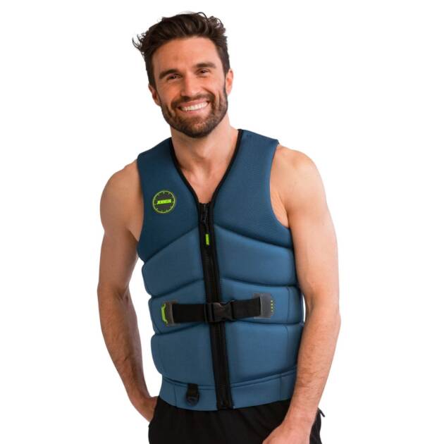 Giubbotto salvagente Jobe Unify uomo Steel blue indossato, visto di fronte, con dettagli tecnici visibili