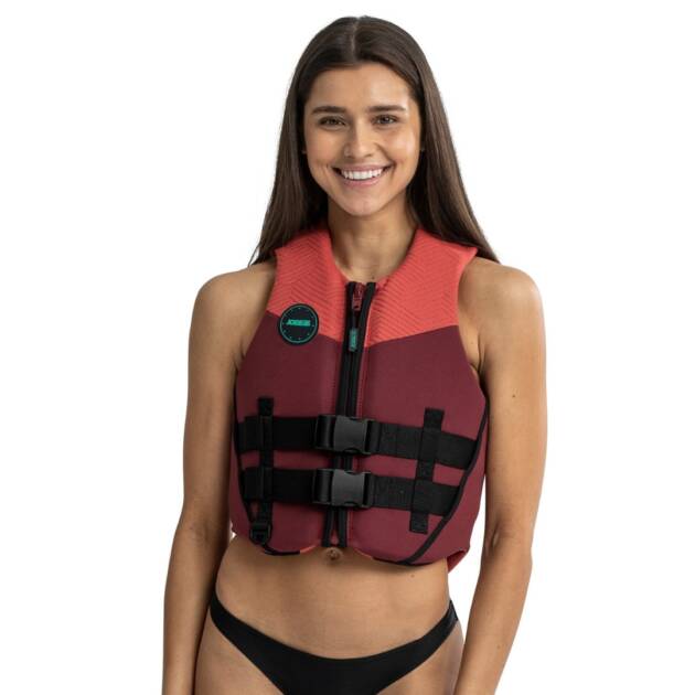Giubbotto salvagente in neoprene Jobe donna colore Rose pink con cerniera YKK, fibbie regolabili, anello a D di sicurezza e imbottitura in schiuma PVC, certificato ISO 50N per galleggiamento.