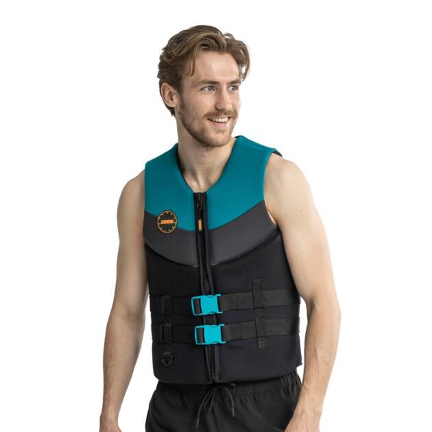 Giubotto salvagente Jobe uomo Real Teal in neoprene, vista frontale con cerniera e fibbie YKK, colore Real teal