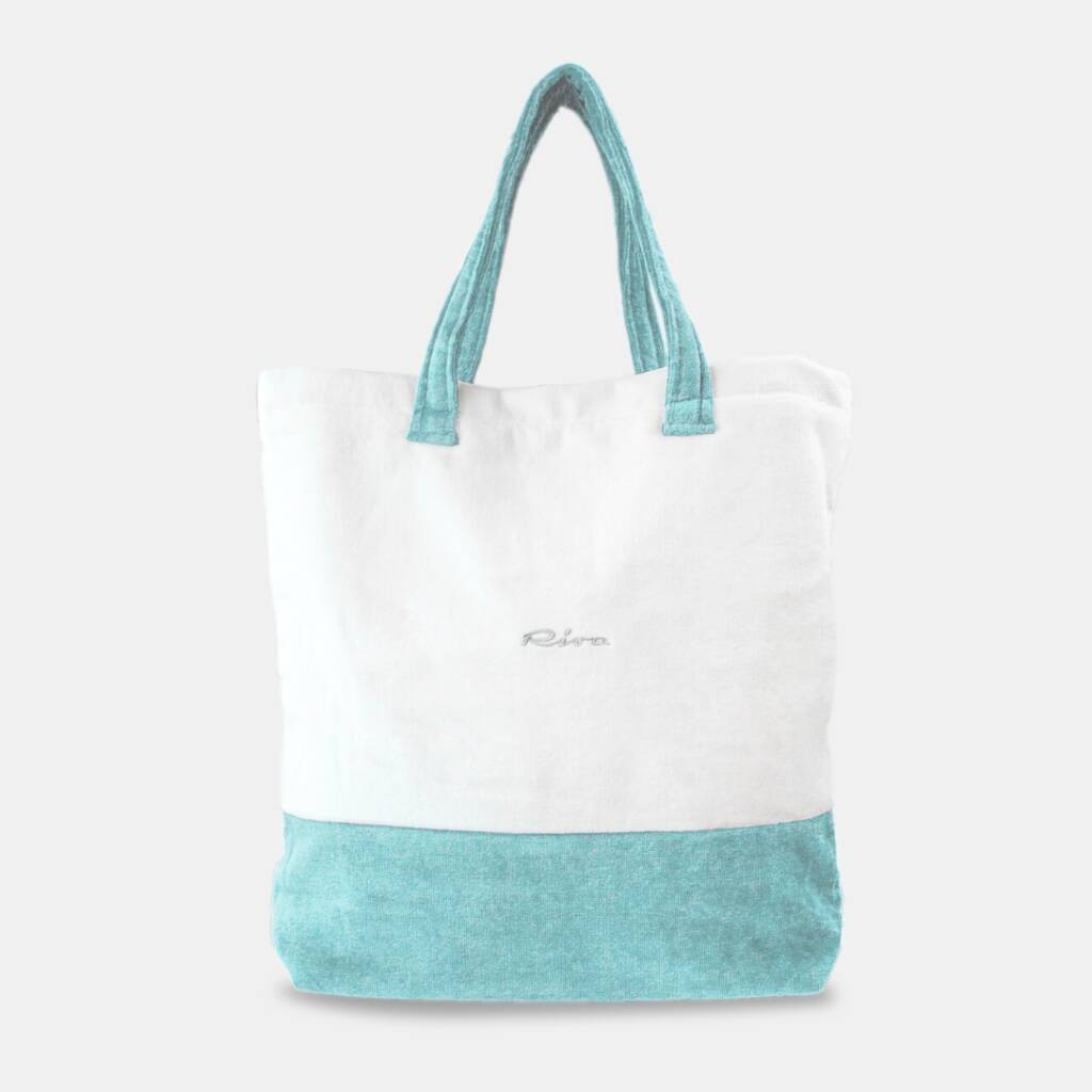 Borsa spugna Riva Boutique in cotone towelling bianco e acquamarina, interno pvc rinforzato e logo ricamato