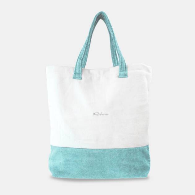 Borsa spugna Riva Boutique in cotone towelling bianco e acquamarina, interno pvc rinforzato e logo ricamato