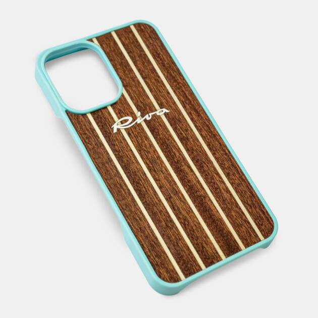 Cover Riva iPhone 16 PLUS e iPhone® 16 in mogano con inserti in acero e logo in metallo satinato. Colore Acquamarina