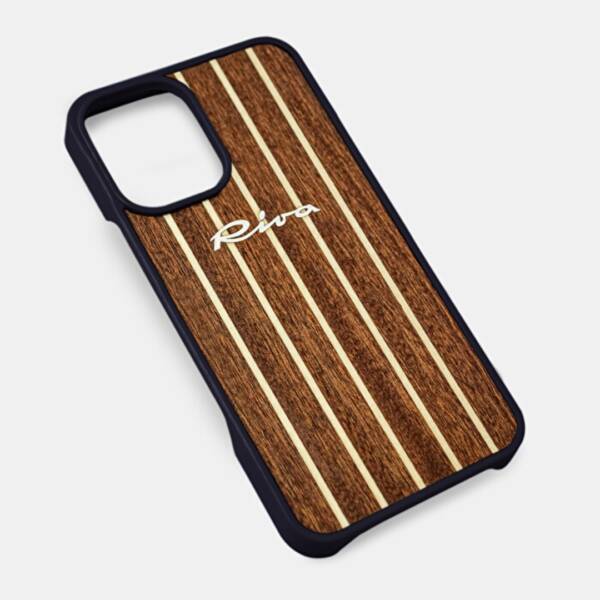 Cover Riva iPhone 16 PLUS e iPhone® 16 in mogano con inserti in acero e logo in metallo satinato. Colore Blu