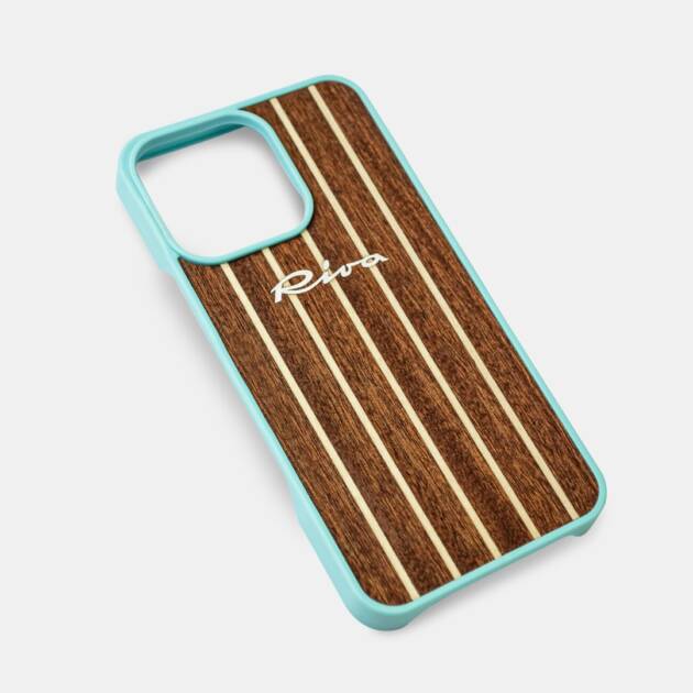 Cover Riva iPhone 16 PRO MAX e PRO in mogano con intarsi in acero e logo in metallo satinato. Colore Acquamarina