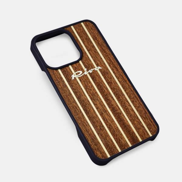 Cover Riva iPhone 16 PRO MAX e PRO in mogano con intarsi in acero e logo in metallo satinato. Colore Blu
