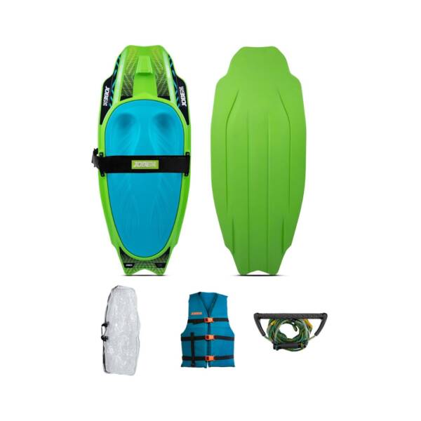 Kneeboard Jobe Slash colore Lime green con pad EVA, alette integrate e gancio traino in confezione set completo con maniglia, borsa trasparente e giubbotto universale blu