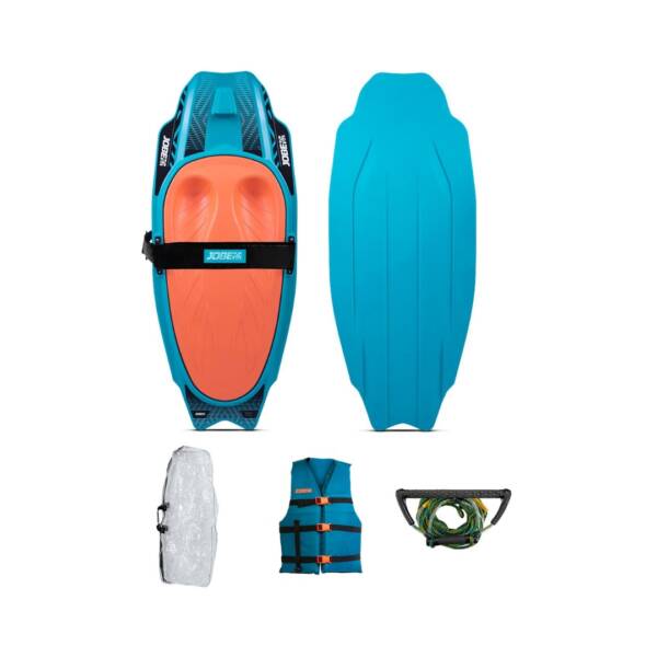 Kneeboard Jobe Slash colore Teal con pad EVA, alette integrate e gancio traino in confezione set completo con maniglia, borsa trasparente e giubbotto universale blu