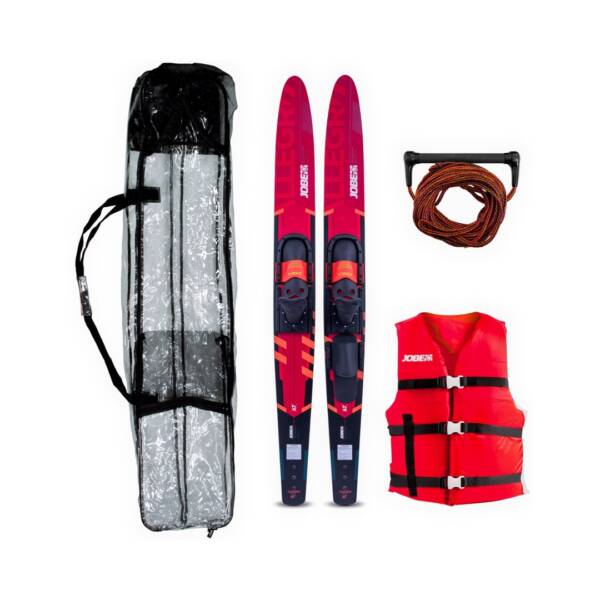 Sci nautico Jobe Allegre Combo 170 cm colore Red con binding regolabile, fondo tunnel e grafica lucida, set completo con borsa trasparente, maniglia, giubbotto Universal rosso