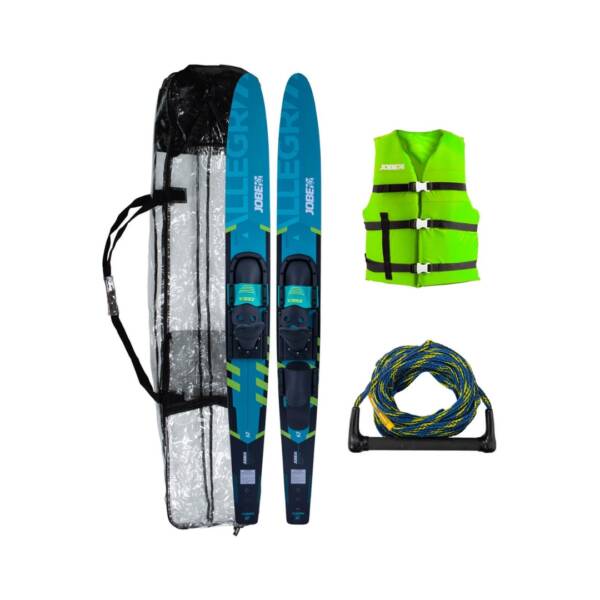 Sci nautico Jobe Allegre Combo 170 cm o 150 cm colore Teal con binding regolabile, fondo tunnel e grafica lucida, set completo con borsa trasparente, maniglia, giubbotto Universal verde