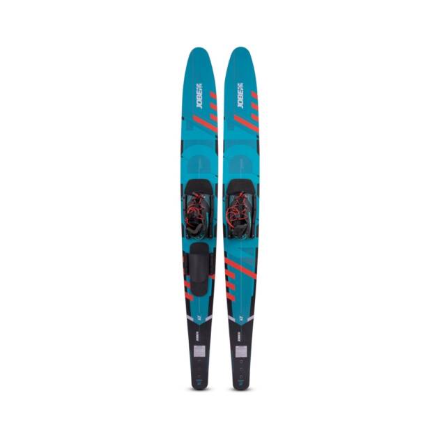 Sci nautico Jobe Mode Combo con attacchi fissi in gomma, design inferiore a V, pinne luminose e finitura glossy, posato su superficie acquatica