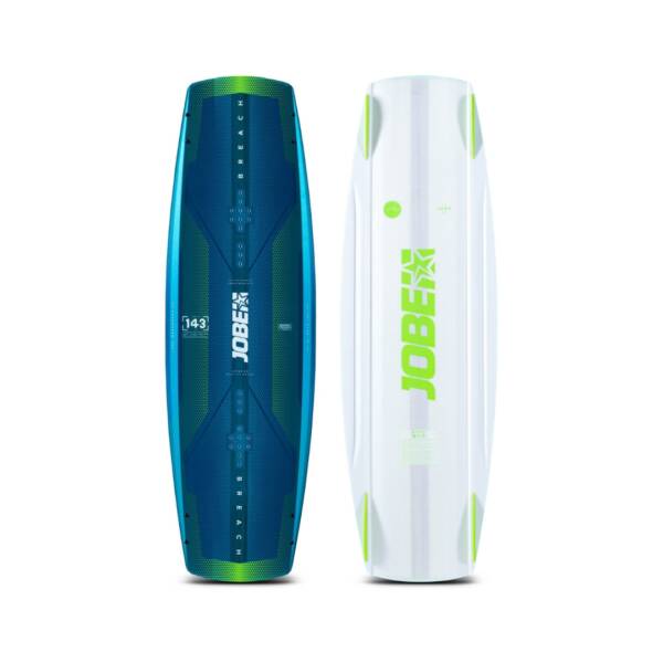 Wakeboard Jobe Breach 2025 blu e bianco con dettagli lime, con Backbone Tech in carbonio e rocker a 3 stadi