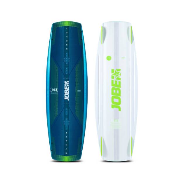 Wakeboard Jobe Breach 2025 blu e bianco con dettagli lime, con Backbone Tech in carbonio e rocker a 3 stadi