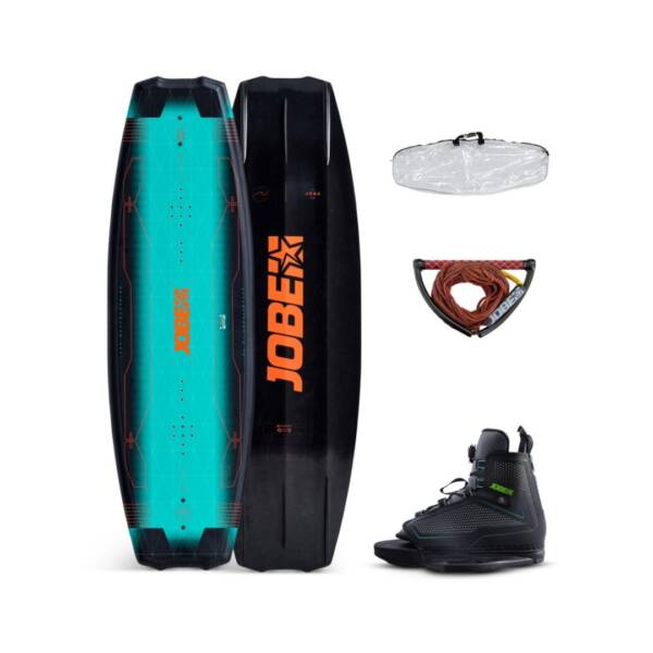 Wakeboard Jobe Logo Series – tavola con rocker a 3 stadi, doppio fondo concavo, pinne rimovibili e canali scanalati. Set completo di borsa trasparente, attacchi Maze e corda combo Prime Red