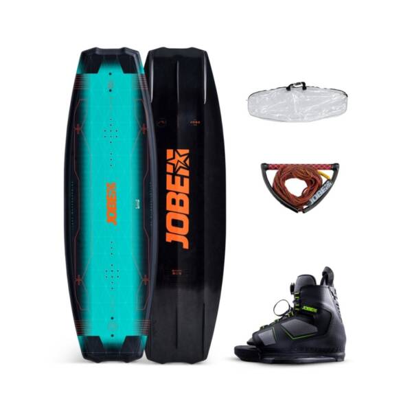 Wakeboard Jobe Logo Series – tavola con rocker a 3 stadi, doppio fondo concavo, pinne rimovibili e canali scanalati. Set completo di borsa trasparente, attacchi Unit e corda combo Prime Red
