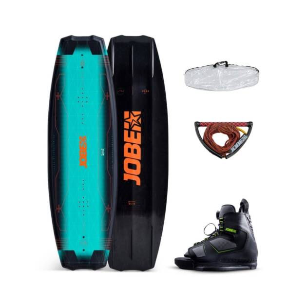 Wakeboard Jobe Logo Series – tavola con rocker a 3 stadi, doppio fondo concavo, pinne rimovibili e canali scanalati. Set completo di borsa trasparente, attacchi Unit e corda combo Prime Red