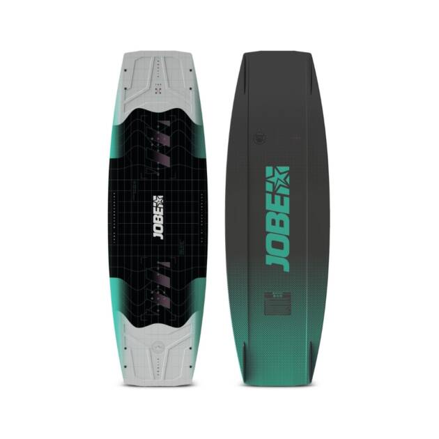 Rider che utilizza Wakeboard Jobe Prolix 2025, in azione dietro una barca, con design blu e dettagli tecnici visibili