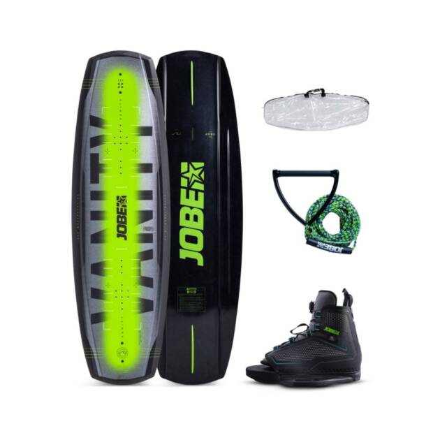 Wakeboard Jobe Vanity Lime set completo con attacchi Maze, pinne rimovibili, rocker continuo e canali scanalati per massimo controllo
