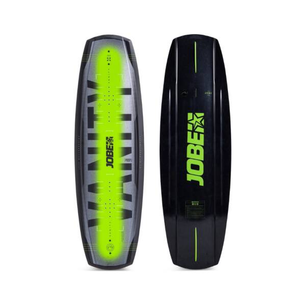 Wakeboard Jobe Vanity con rocker continuo, colore lime ,pinne rimovibili e canali scanalati profondi, disponibile in taglie 131, 136 e 141 cm