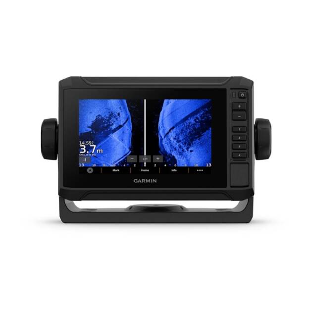 Chartplotter Garmin ECHOMAP UHD2 da 6 pollici 62sv senza trasduttore, vista frontale del display con interfaccia touchscreen e tasti