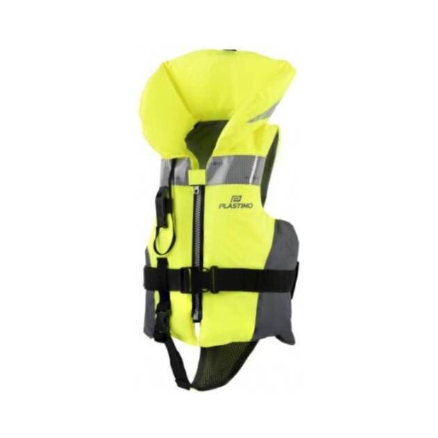 Giubbotto di salvataggio bambino 100N in schiuma, colore giallo lime con fasce retroriflettenti, fischietto, cinghia sottogamba e maniglia di recupero