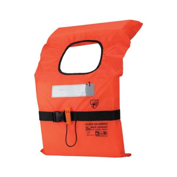 Giubbotto di salvataggio Nadir 100N per adulti, colore arancione, con cintura regolabile e collo pieghevole, conforme a normativa ISO