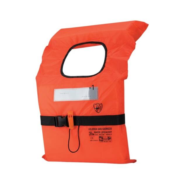 Giubbotto di salvataggio Nadir 100N per adulti, colore arancione, con cintura regolabile e collo pieghevole, conforme a normativa ISO